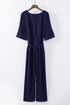 Solid Five-Point Sleeve Belted Wide-Leg Jumpsuit