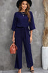 Solid Five-Point Sleeve Belted Wide-Leg Jumpsuit