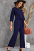 Solid Five-Point Sleeve Belted Wide-Leg Jumpsuit