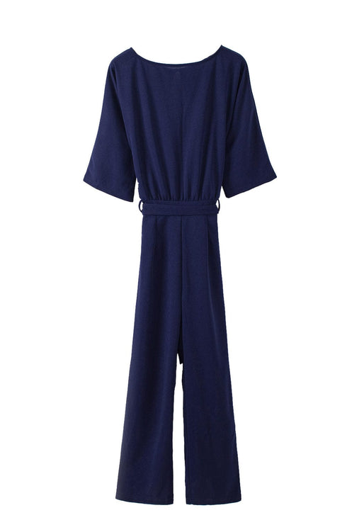 Solid Five-Point Sleeve Belted Wide-Leg Jumpsuit