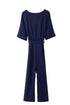Solid Five-Point Sleeve Belted Wide-Leg Jumpsuit