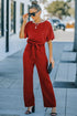 Solid Five-Point Sleeve Belted Wide-Leg Jumpsuit