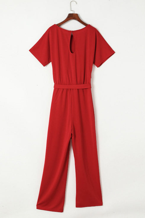 Solid Five-Point Sleeve Belted Wide-Leg Jumpsuit