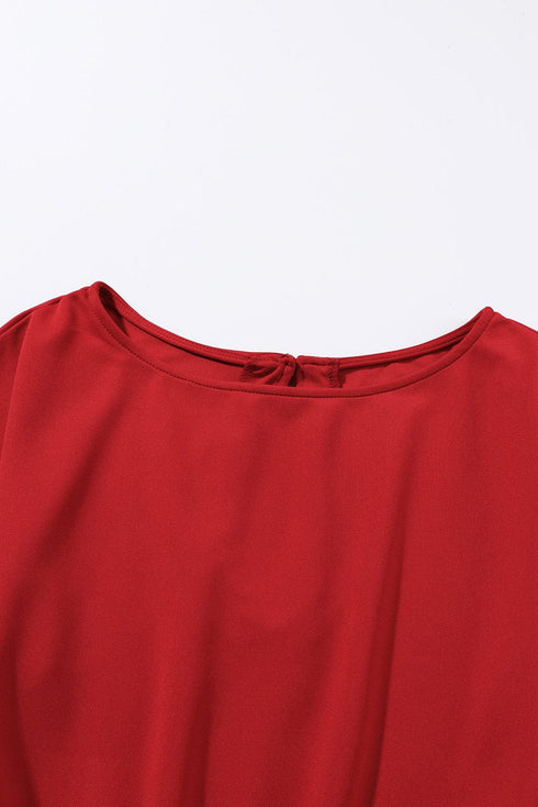 Solid Five-Point Sleeve Belted Wide-Leg Jumpsuit