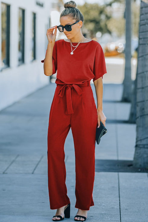 Solid Five-Point Sleeve Belted Wide-Leg Jumpsuit