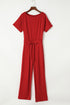 Solid Five-Point Sleeve Belted Wide-Leg Jumpsuit