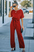 Solid Five-Point Sleeve Belted Wide-Leg Jumpsuit