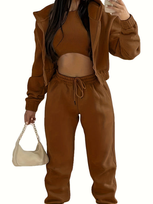Solid Hooded Jacket & Crew Neck Tank & Elastic Waist Jogger Pants Three-Piece Set
