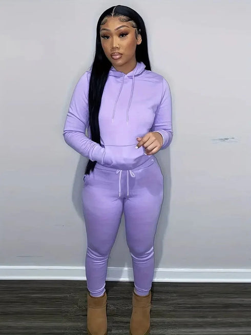 Solid Hooded Long Sleeve Tops Drawstring Pants Outdoor Sports Set