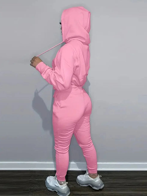 Solid Hooded Long Sleeve Tops Drawstring Pants Outdoor Sports Set