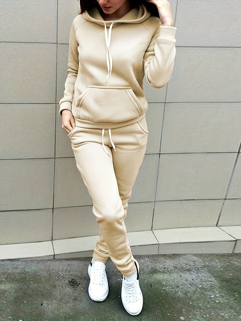 Solid Kangaroo Pocket Hoodie & Drawstring Pants Two-Piece Set