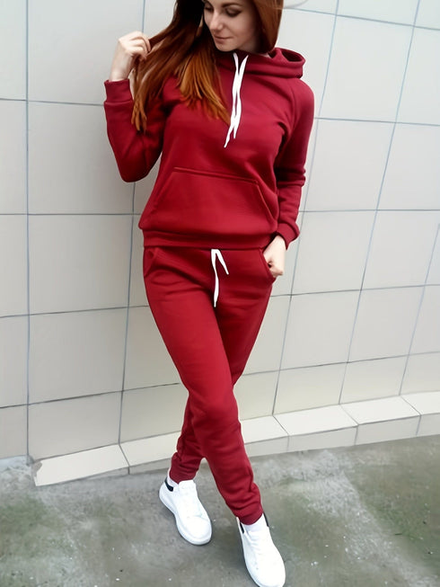 Solid Kangaroo Pocket Hoodie & Drawstring Pants Two-Piece Set
