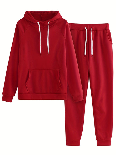 Solid Kangaroo Pocket Hoodie & Drawstring Pants Two-Piece Set