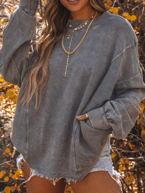 Solid Knit Off-Shoulder Sweater with Bishop Sleeves