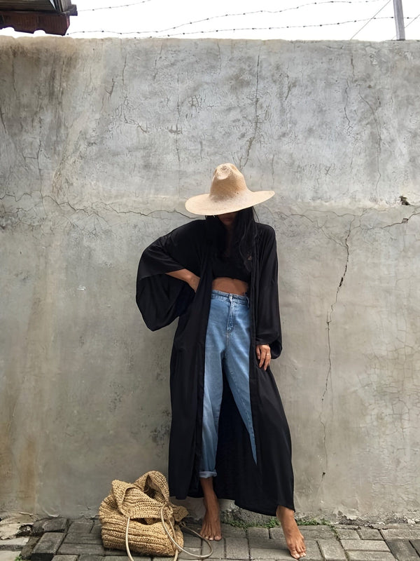 Solid Long Sleeve Loose Swim Robe Beach Cover Up Coat