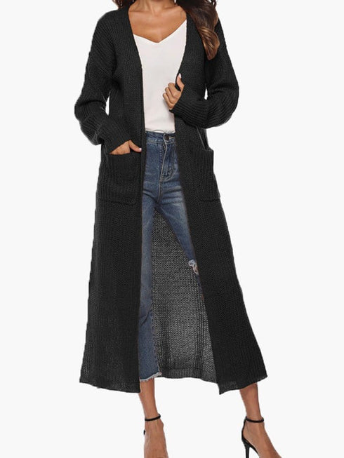 Solid Pocket Slit Long Sweater Cardigan