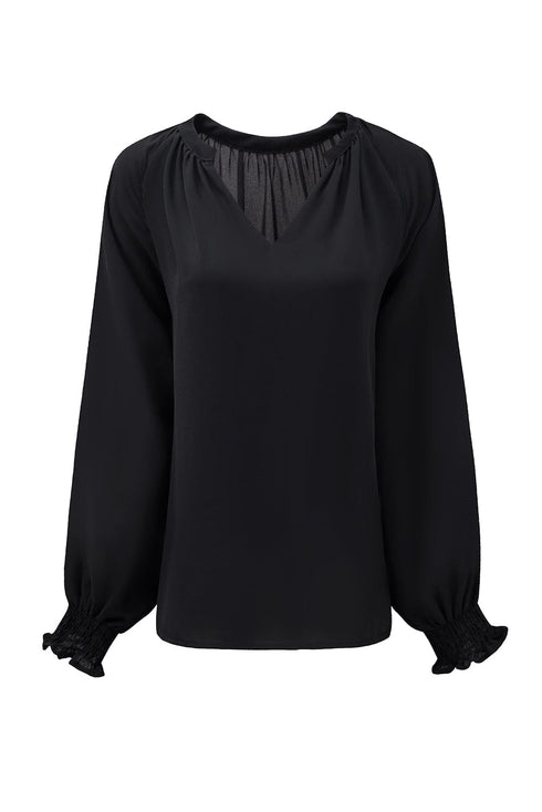Solid Ruffled V-Neck Long Sleeve Blouse