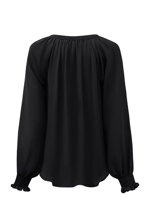 Solid Ruffled V-Neck Long Sleeve Blouse