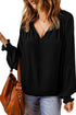 Solid Ruffled V-Neck Long Sleeve Blouse