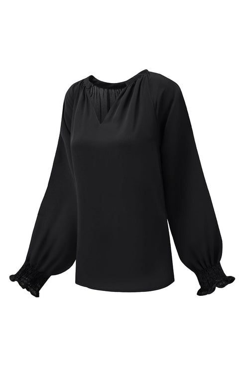 Solid Ruffled V-Neck Long Sleeve Blouse