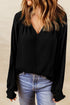 Solid Ruffled V-Neck Long Sleeve Blouse