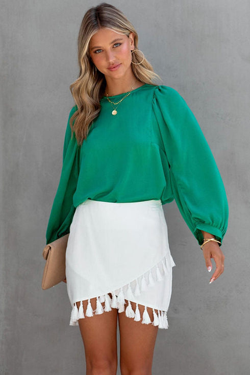 Solid Ruffled V-Neck Long Sleeve Blouse