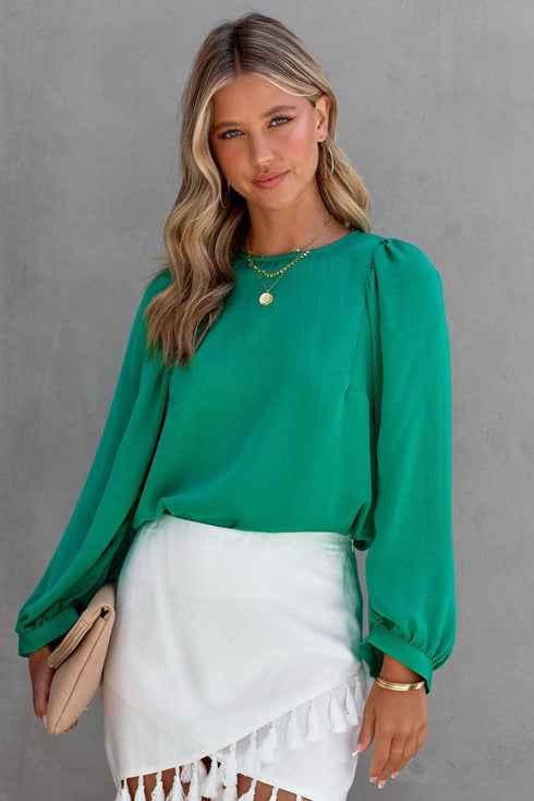 Solid Ruffled V-Neck Long Sleeve Blouse