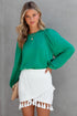 Solid Ruffled V-Neck Long Sleeve Blouse