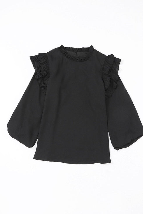 Solid Ruffled V-Neck Long Sleeve Blouse