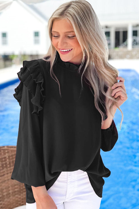 Solid Ruffled V-Neck Long Sleeve Blouse