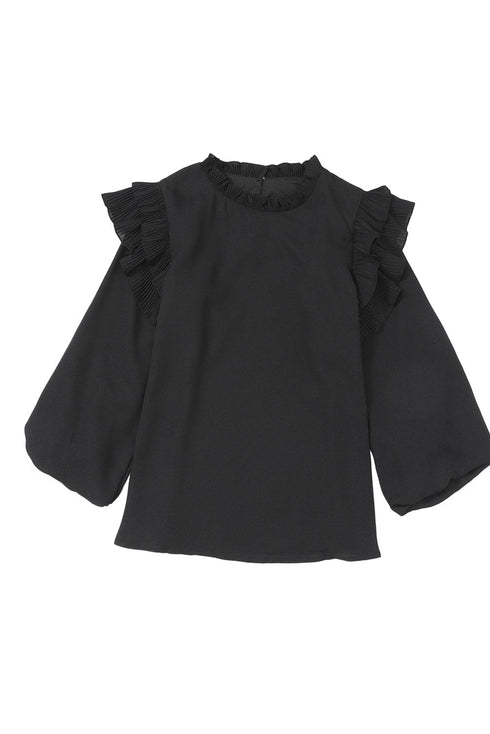 Solid Ruffled V-Neck Long Sleeve Blouse