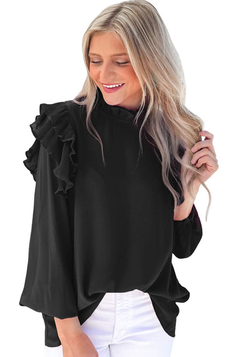 Solid Ruffled V-Neck Long Sleeve Blouse