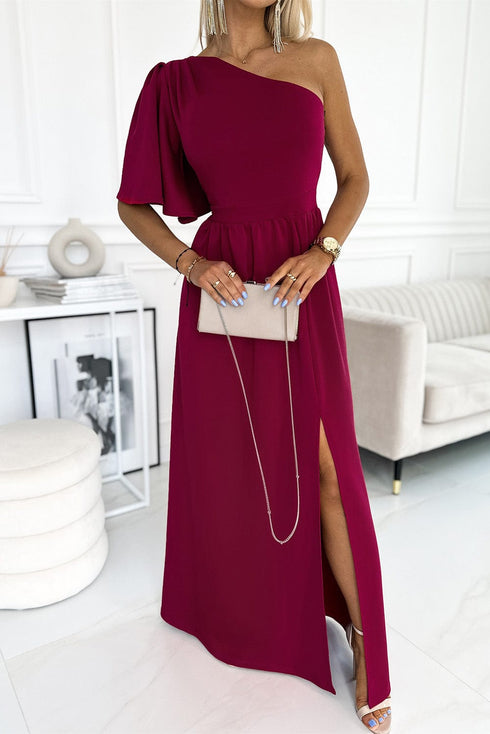 Solid Sloping Shoulder Slit Dress