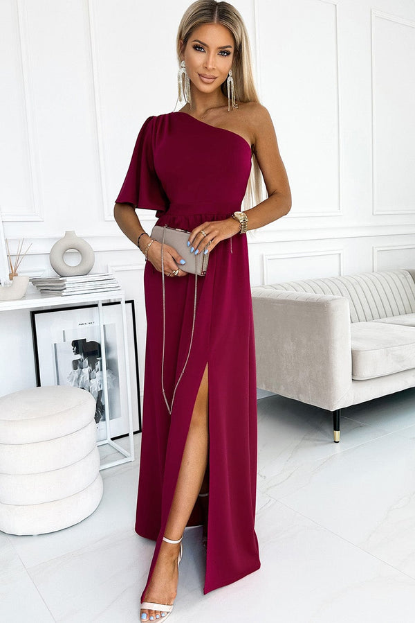 womens-dresses-solid-sloping-shoulder-slit-dress