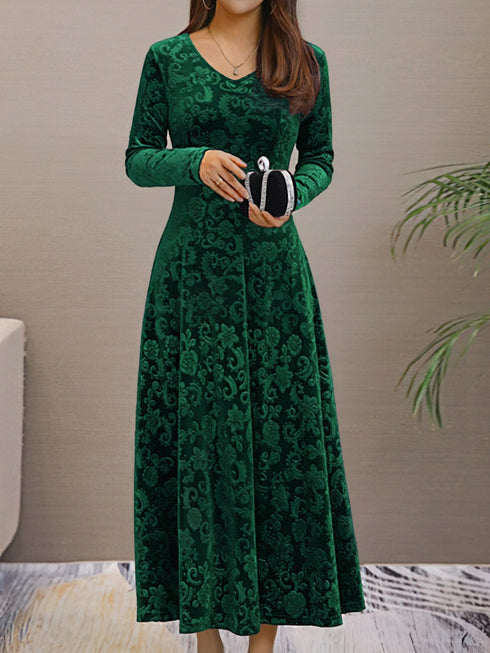 Solid Stylish V-Neck Flared Long Sleeve Maxi Dress