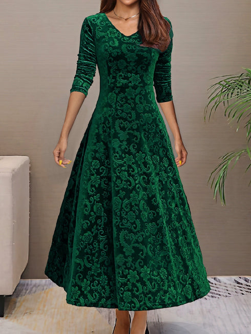 Solid Stylish V-Neck Flared Long Sleeve Maxi Dress