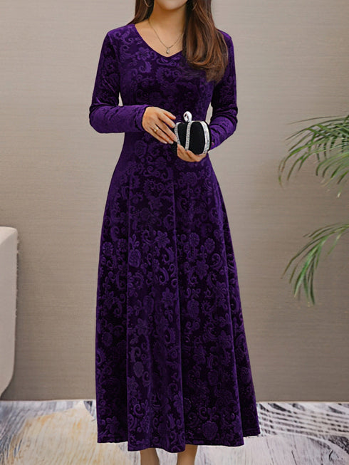 Solid Stylish V-Neck Flared Long Sleeve Maxi Dress