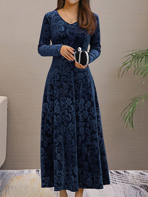 Solid Stylish V-Neck Flared Long Sleeve Maxi Dress