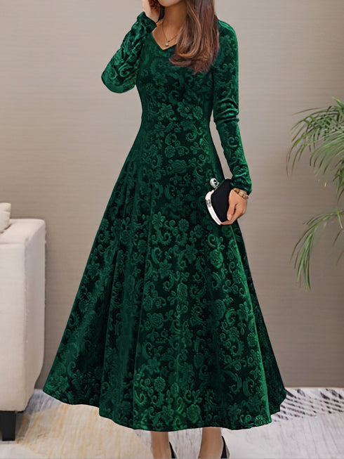 Solid Stylish V-Neck Flared Long Sleeve Maxi Dress