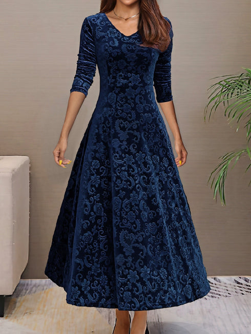 Solid Stylish V-Neck Flared Long Sleeve Maxi Dress