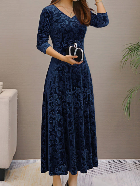 Solid Stylish V-Neck Flared Long Sleeve Maxi Dress