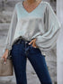 Solid V-neck Loose Fit Long Sleeve Blouse for Women