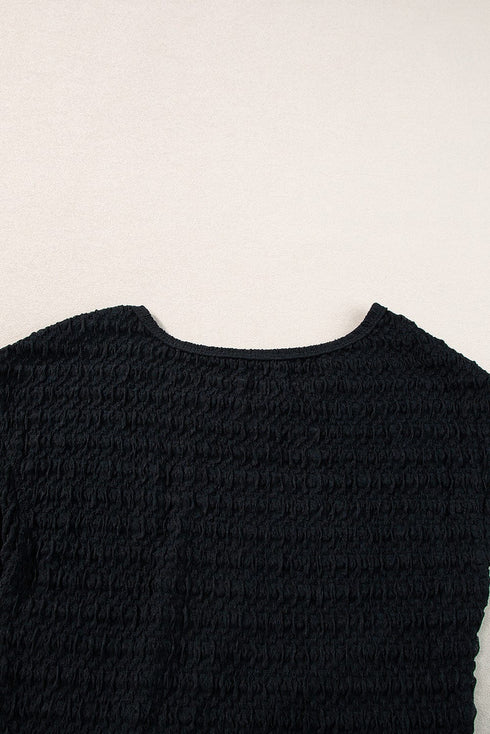 Sophisticated Black Textured Midi Dress with Twist Front Detail