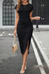 Sophisticated Black Textured Midi Dress with Twist Front Detail