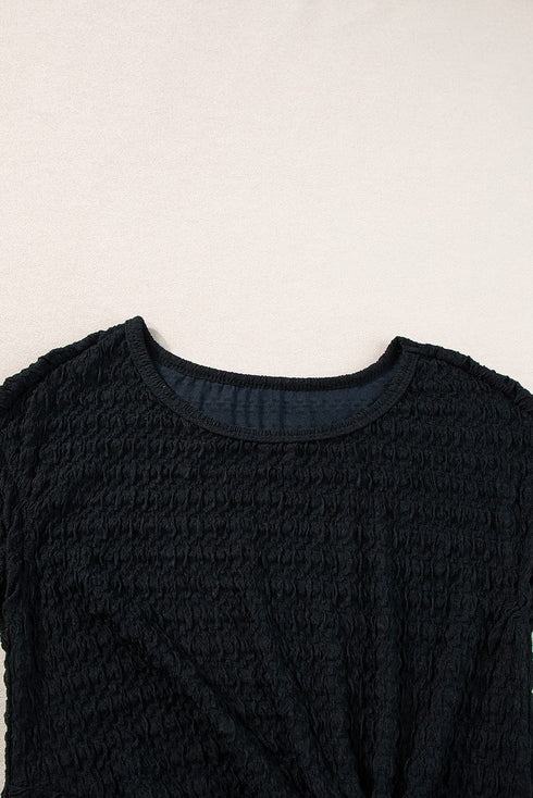 Sophisticated Black Textured Midi Dress with Twist Front Detail