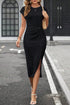 Sophisticated Black Textured Midi Dress with Twist Front Detail