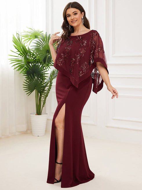 Sophisticated Lace Sequin Mother Dress with Floor-Length Cape