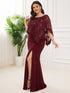 Sophisticated Lace Sequin Mother Dress with Floor-Length Cape