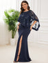 Sophisticated Lace Sequin Mother Dress with Floor-Length Cape