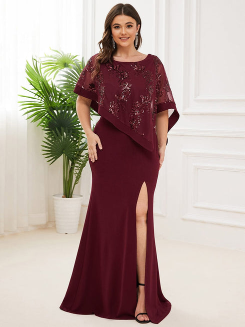Sophisticated Lace Sequin Mother Dress with Floor-Length Cape